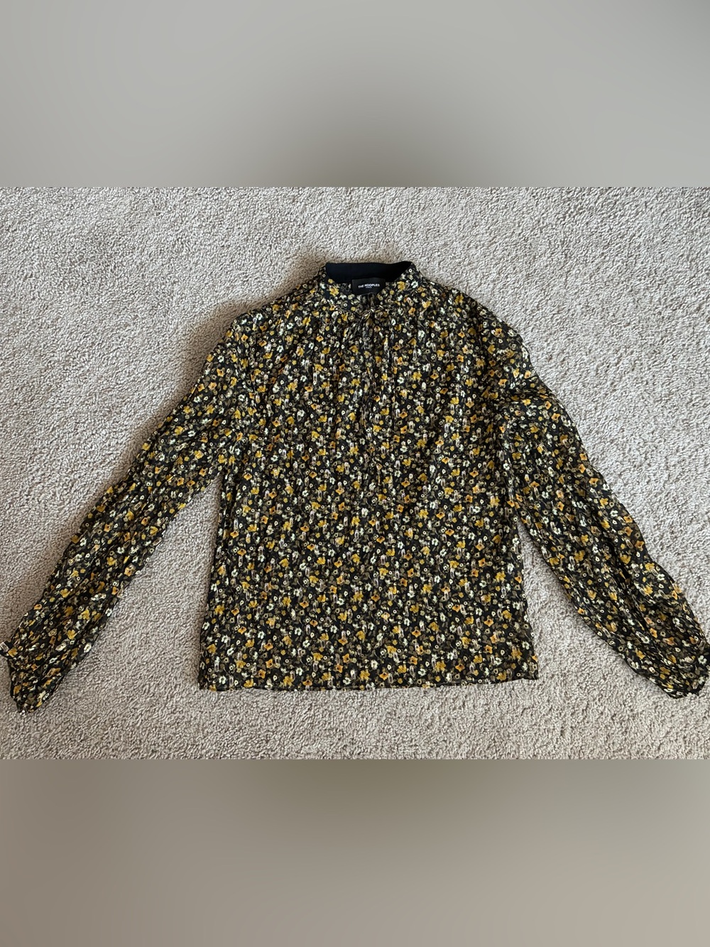 The Kooples Black Floral Tie-Neck Blouse with Yellow Accents